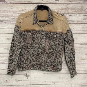 HYFVE Distressed Cropped Denim Leopard Print Jacket Small
